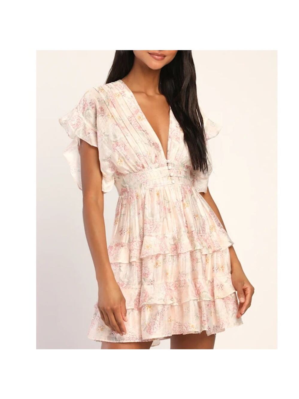 Storia Babydoll Mini Dress Womens Small Pink Cream Floral Flutter Sleeve V-Neck